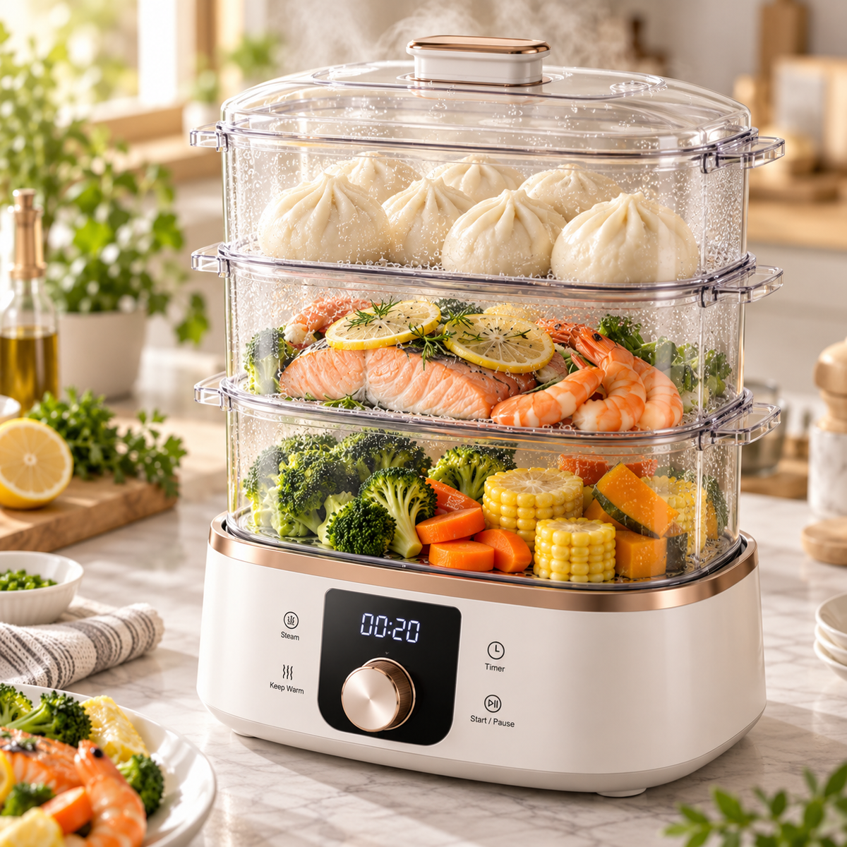 SteamStack Fresh-Lock Cooker – Layered Electric Steaming System for Quick, Gentle Everyday Meals ✨