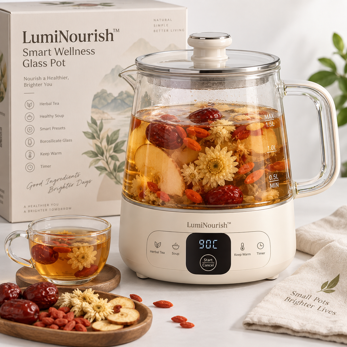 LumiNourish™ Smart Wellness Glass Pot – 24H Warm Keeping, Anti-Dry Burn & Multi-Function Herbal Tea and Soup Maker