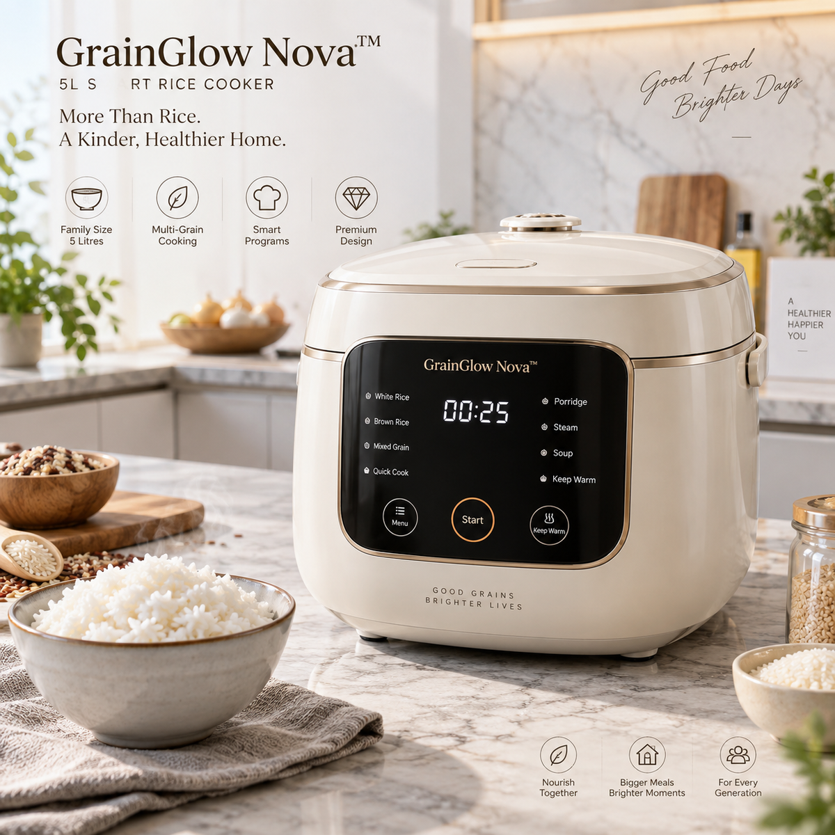 GrainGlow Nova™ 5L Smart Rice Cooker – 3D Surround Heating, Non-Stick Inner Pot, Intelligent Timer, Keep-Warm & Anti-Overflow Design for Rice, Grains & Everyday Family Meals 🍚