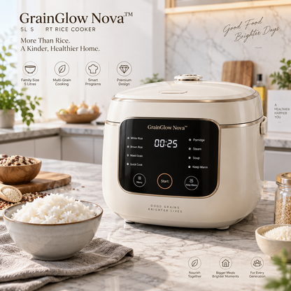 GrainGlow Nova™ 5L Smart Rice Cooker – 3D Surround Heating, Non-Stick Inner Pot, Intelligent Timer, Keep-Warm & Anti-Overflow Design for Rice, Grains & Everyday Family Meals 🍚