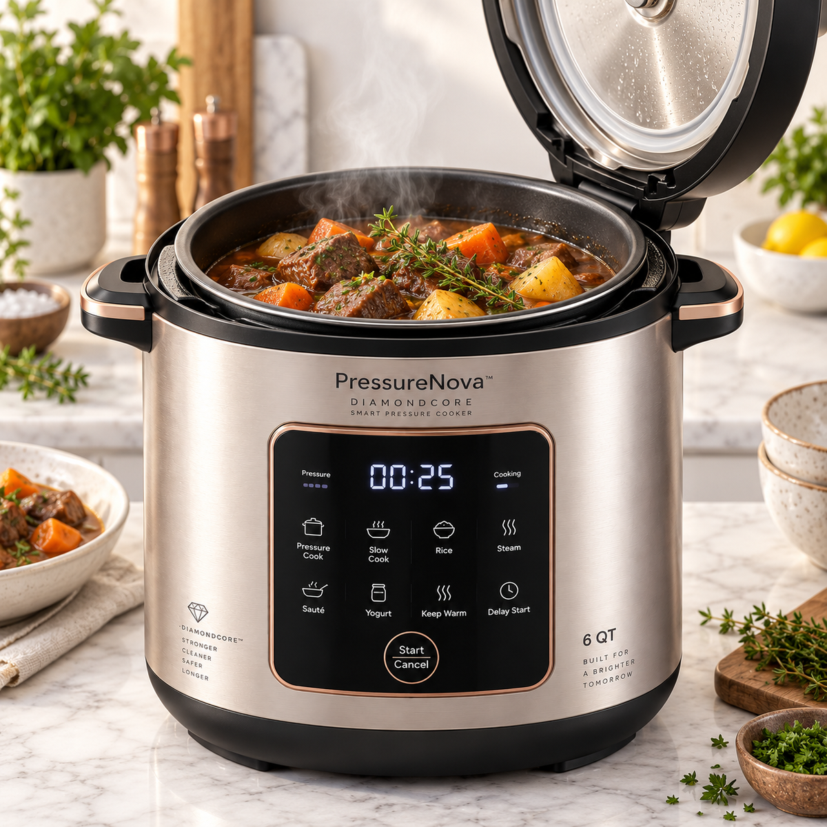 PressureNova™ DiamondCore Smart Pressure Cooker – 6QT Reinforced Aluminum Body, One-Touch Steam Release, Precision Heat Control & Energy-Efficient Fast Cooking 🌹