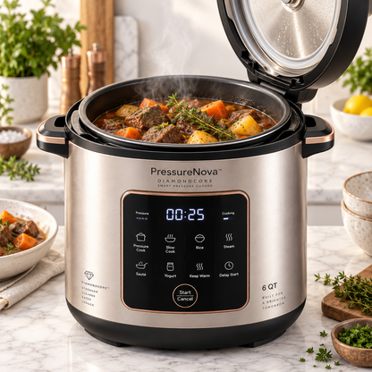 PressureNova™ DiamondCore Smart Pressure Cooker – 6QT Reinforced Aluminum Body, One-Touch Steam Release, Precision Heat Control & Energy-Efficient Fast Cooking 🌹