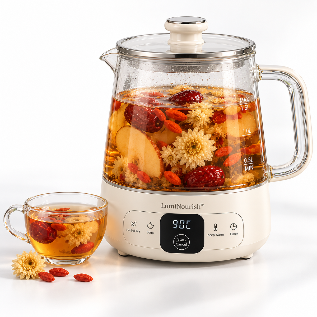 LumiNourish™ Smart Wellness Glass Pot – 24H Warm Keeping, Anti-Dry Burn & Multi-Function Herbal Tea and Soup Maker
