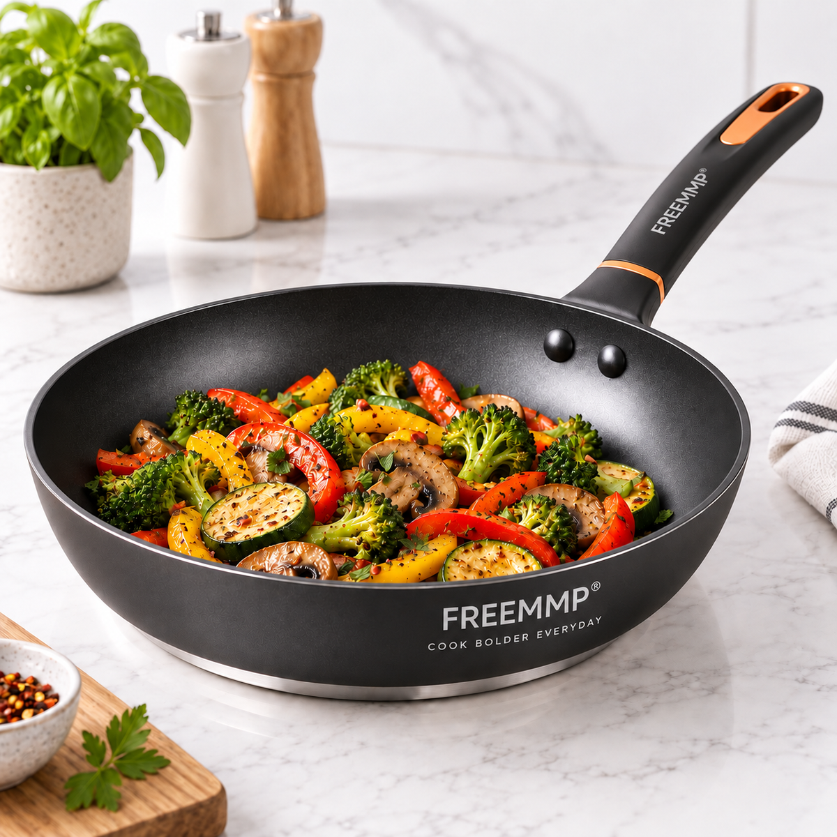 FREEMMP Everyday Precision Fry Pan – Rapid Even-Heat Base, Smooth Non-Stick Surface & Comfort-Grip Design for Eggs, Steaks, Veggies & Daily Cooking 🧡