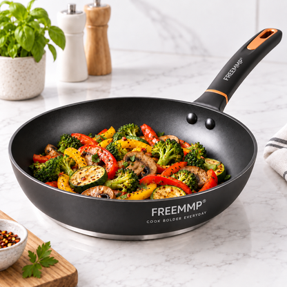 FREEMMP Everyday Precision Fry Pan – Rapid Even-Heat Base, Smooth Non-Stick Surface & Comfort-Grip Design for Eggs, Steaks, Veggies & Daily Cooking 🧡