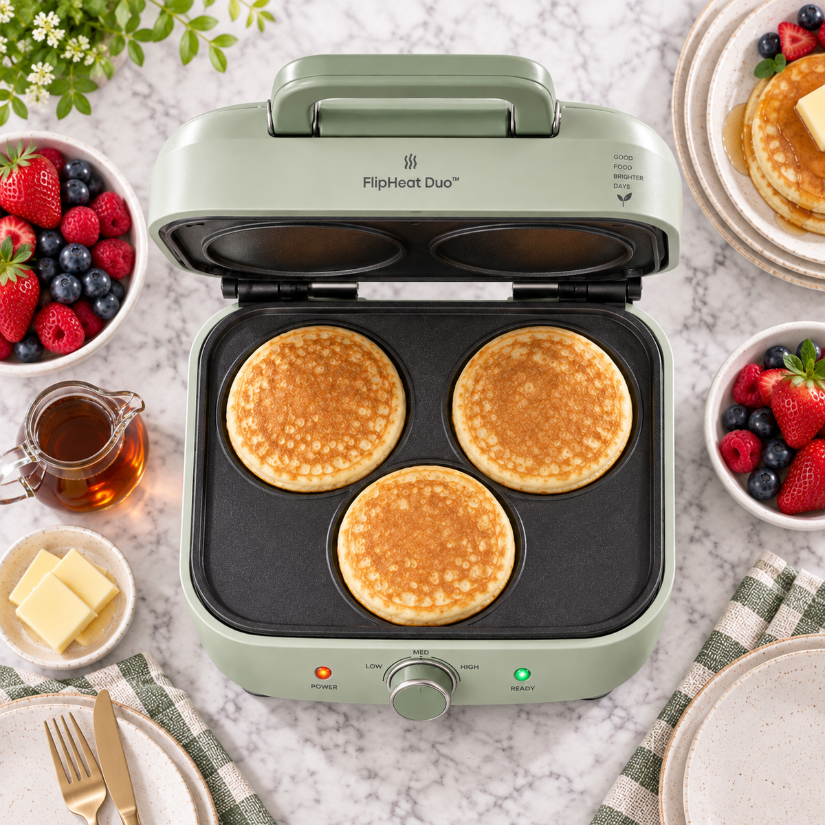 FlipHeat Duo™ Smart Double-Sided Pancake Cooker – Rapid Heat Control, Even Non-Stick Cooking & Space-Saving Breakfast Maker 🌿