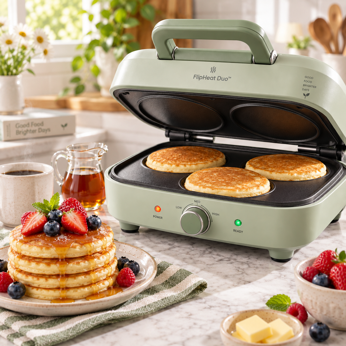 FlipHeat Duo™ Smart Double-Sided Pancake Cooker – Rapid Heat Control, Even Non-Stick Cooking & Space-Saving Breakfast Maker 🌿