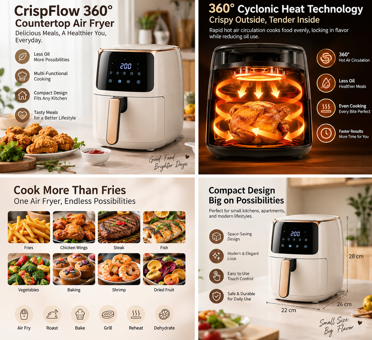 CrispFlow 360° Countertop Air Fryer – Fast Cyclonic Heat Cooking for Everyday Meals & Compact Kitchens 🌹