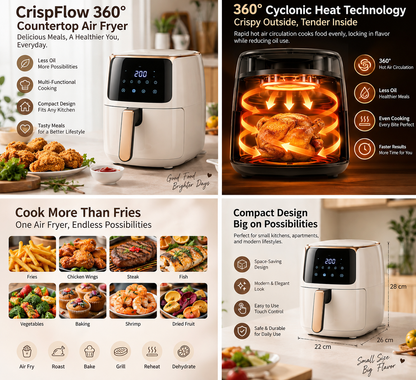 CrispFlow 360° Countertop Air Fryer – Fast Cyclonic Heat Cooking for Everyday Meals & Compact Kitchens 🌹
