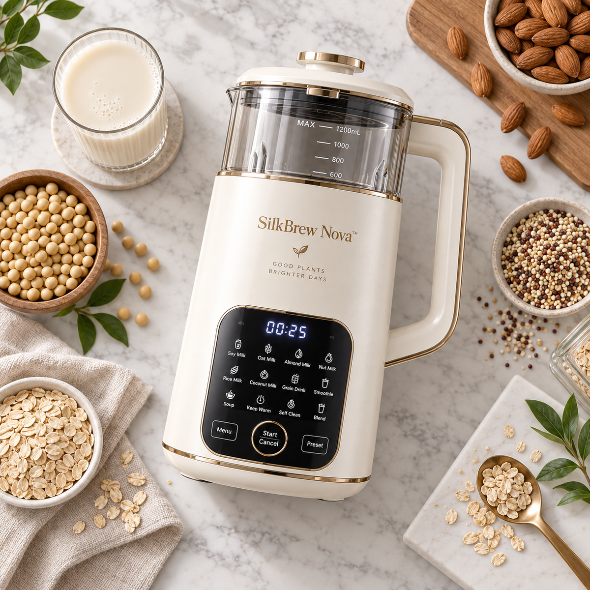 SilkBrew Nova™ 12-in-1 Smart Plant Milk Maker – Ultra-Quiet Blending, Auto Self-Cleaning, No-Soak Dry Bean Processing & Nutrient-Preserve Heating ✨