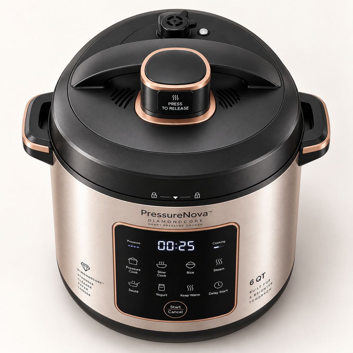 PressureNova™ DiamondCore Smart Pressure Cooker – 6QT Reinforced Aluminum Body, One-Touch Steam Release, Precision Heat Control & Energy-Efficient Fast Cooking 🌹