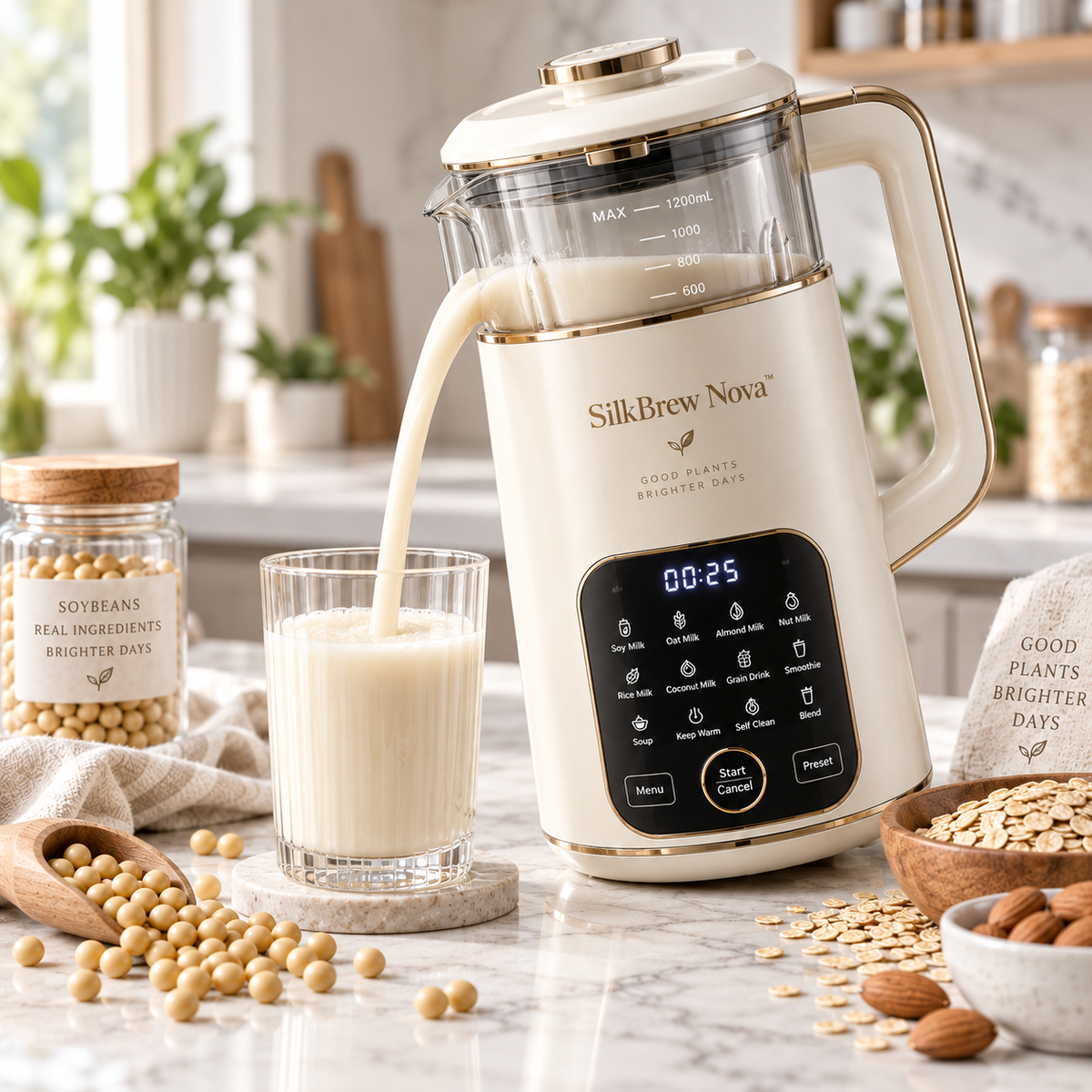 SilkBrew Nova™ 12-in-1 Smart Plant Milk Maker – Ultra-Quiet Blending, Auto Self-Cleaning, No-Soak Dry Bean Processing & Nutrient-Preserve Heating ✨