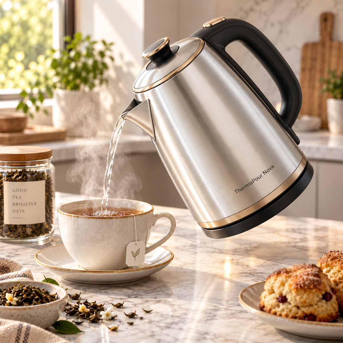 ThermaPour Nova™ 1.8L Smart Stainless Steel Kettle – Rapid Boil, Auto Shut-Off, Dry-Boil Protection, Heat-Retention & Cool-Touch Safety Design 🥛  给我生成几张产品图片