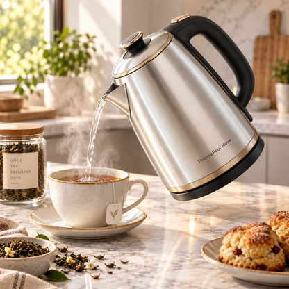 ThermaPour Nova™ 1.8L Smart Stainless Steel Kettle – Rapid Boil, Auto Shut-Off, Dry-Boil Protection, Heat-Retention & Cool-Touch Safety Design 🥛  给我生成几张产品图片