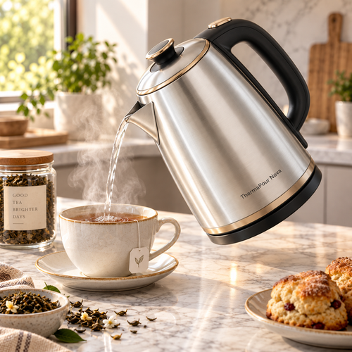 ThermaPour Nova™ 1.8L Smart Stainless Steel Kettle – Rapid Boil, Auto Shut-Off, Dry-Boil Protection, Heat-Retention & Cool-Touch Safety Design 🥛  给我生成几张产品图片