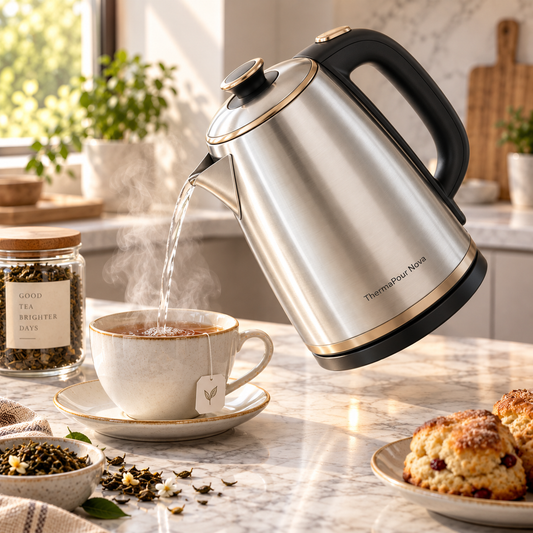 ThermaPour Nova™ 1.8L Smart Stainless Steel Kettle – Rapid Boil, Auto Shut-Off, Dry-Boil Protection, Heat-Retention & Cool-Touch Safety Design 🥛  给我生成几张产品图片
