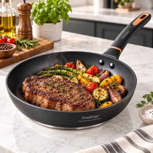 CrispEdge™ Everyday Precision Fry Pan – Rapid Even-Heat Base, Smooth Non-Stick Surface & Comfort-Grip Design for Eggs, Steaks, Veggies & Daily Cooking 🧡