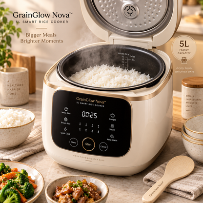 GrainGlow Nova™ 5L Smart Rice Cooker – 3D Surround Heating, Non-Stick Inner Pot, Intelligent Timer, Keep-Warm & Anti-Overflow Design for Rice, Grains & Everyday Family Meals 🍚