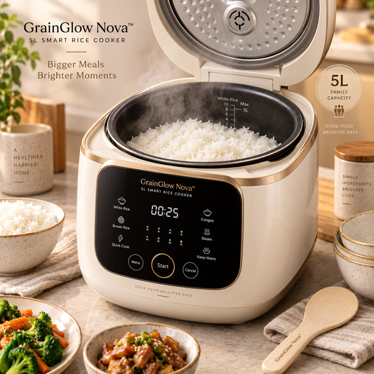 GrainGlow Nova™ 5L Smart Rice Cooker – 3D Surround Heating, Non-Stick Inner Pot, Intelligent Timer, Keep-Warm & Anti-Overflow Design for Rice, Grains & Everyday Family Meals 🍚