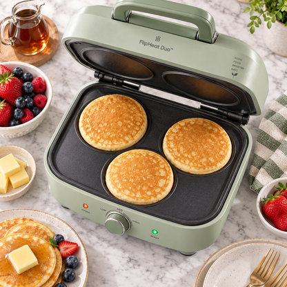FlipHeat Duo™ Smart Double-Sided Pancake Cooker – Rapid Heat Control, Even Non-Stick Cooking & Space-Saving Breakfast Maker 🌿