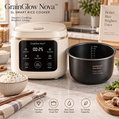 GrainGlow Nova™ 5L Smart Rice Cooker – 3D Surround Heating, Non-Stick Inner Pot, Intelligent Timer, Keep-Warm & Anti-Overflow Design for Rice, Grains & Everyday Family Meals 🍚