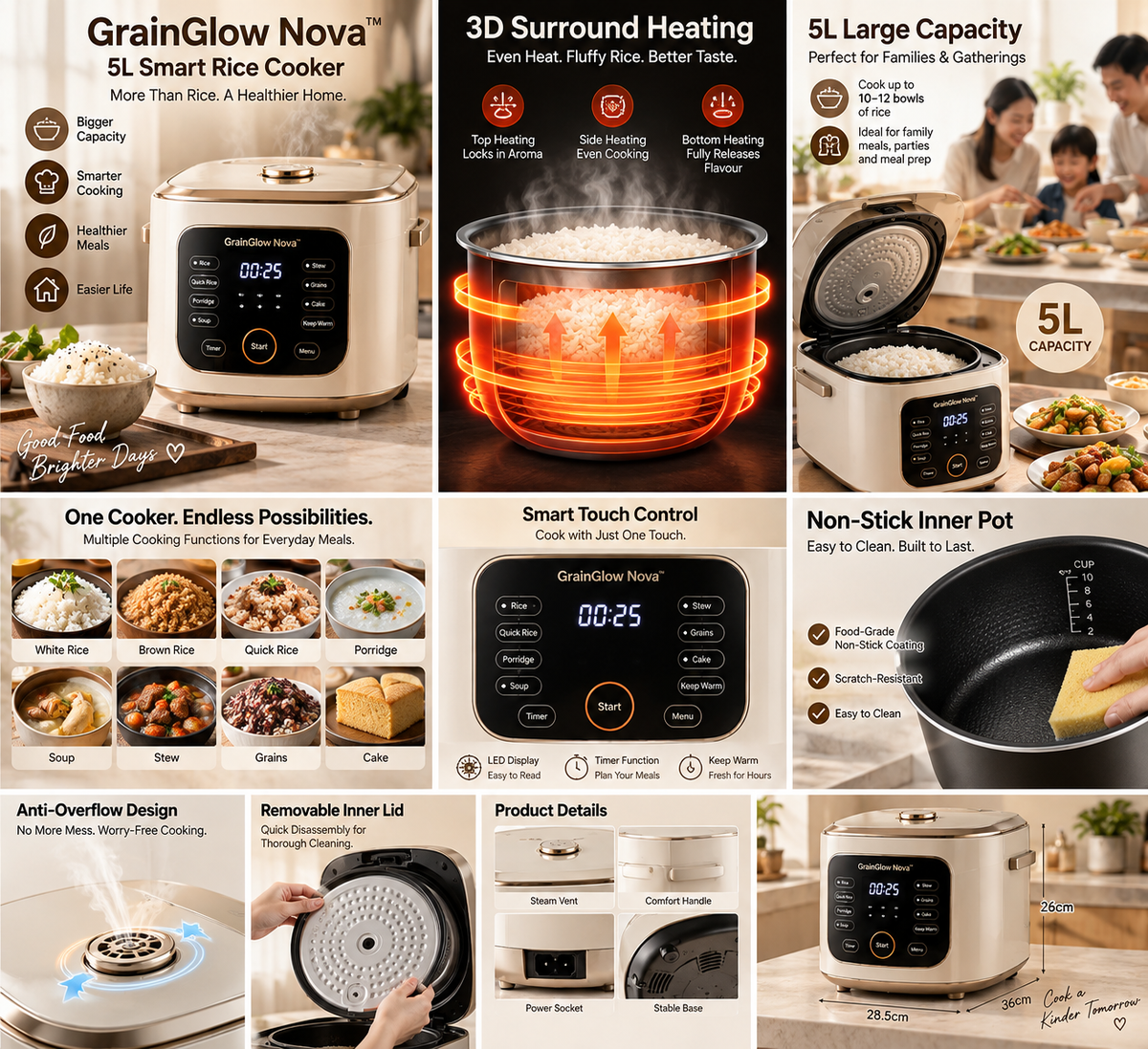 GrainGlow Nova™ 5L Smart Rice Cooker – 3D Surround Heating, Non-Stick Inner Pot, Intelligent Timer, Keep-Warm & Anti-Overflow Design for Rice, Grains & Everyday Family Meals 🍚