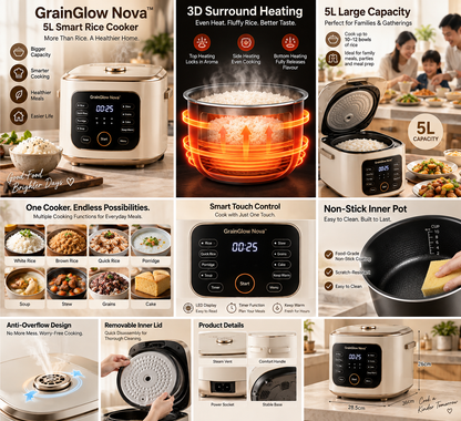GrainGlow Nova™ 5L Smart Rice Cooker – 3D Surround Heating, Non-Stick Inner Pot, Intelligent Timer, Keep-Warm & Anti-Overflow Design for Rice, Grains & Everyday Family Meals 🍚