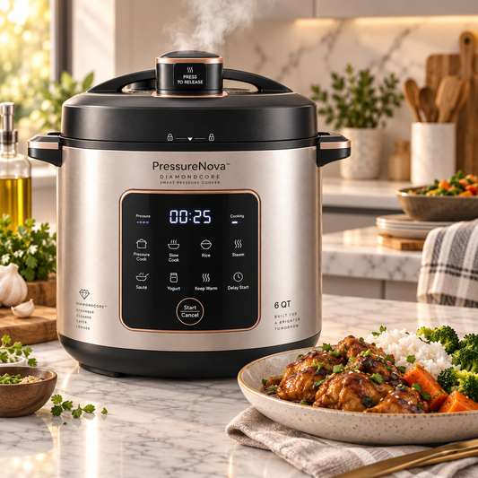 PressureNova™ DiamondCore Smart Pressure Cooker – 6QT Reinforced Aluminum Body, One-Touch Steam Release, Precision Heat Control & Energy-Efficient Fast Cooking 🌹