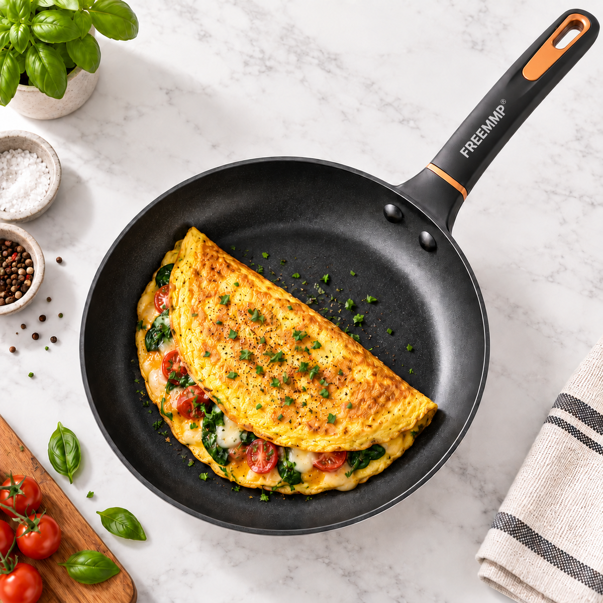 FREEMMP Everyday Precision Fry Pan – Rapid Even-Heat Base, Smooth Non-Stick Surface & Comfort-Grip Design for Eggs, Steaks, Veggies & Daily Cooking 🧡