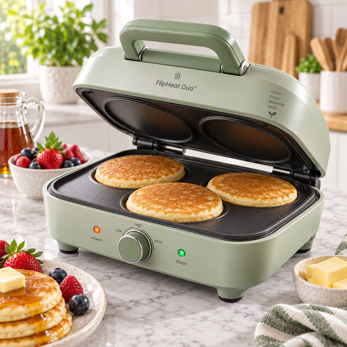 FlipHeat Duo™ Smart Double-Sided Pancake Cooker – Rapid Heat Control, Even Non-Stick Cooking & Space-Saving Breakfast Maker 🌿