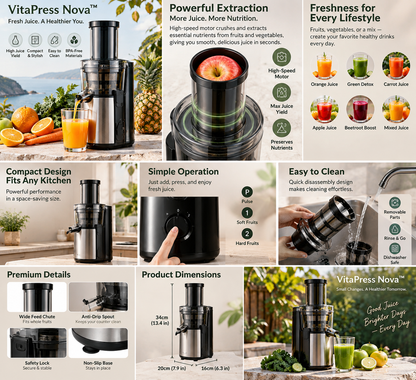 VitaPress Nova™ Compact Power Juicer – High-Speed Fresh Juice Extraction, Easy-Clean Design & Nutrient-Focused Everyday Home Juicing