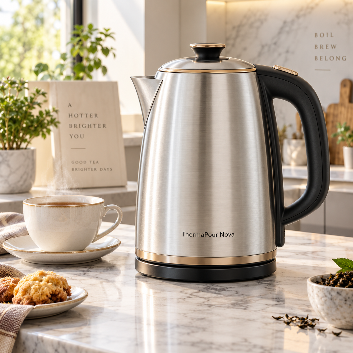 ThermaPour Nova™ 1.8L Smart Stainless Steel Kettle – Rapid Boil, Auto Shut-Off, Dry-Boil Protection, Heat-Retention & Cool-Touch Safety Design 🥛  给我生成几张产品图片