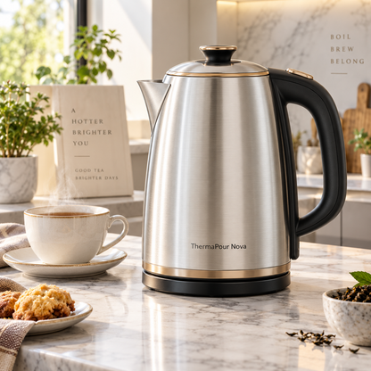 ThermaPour Nova™ 1.8L Smart Stainless Steel Kettle – Rapid Boil, Auto Shut-Off, Dry-Boil Protection, Heat-Retention & Cool-Touch Safety Design 🥛  给我生成几张产品图片