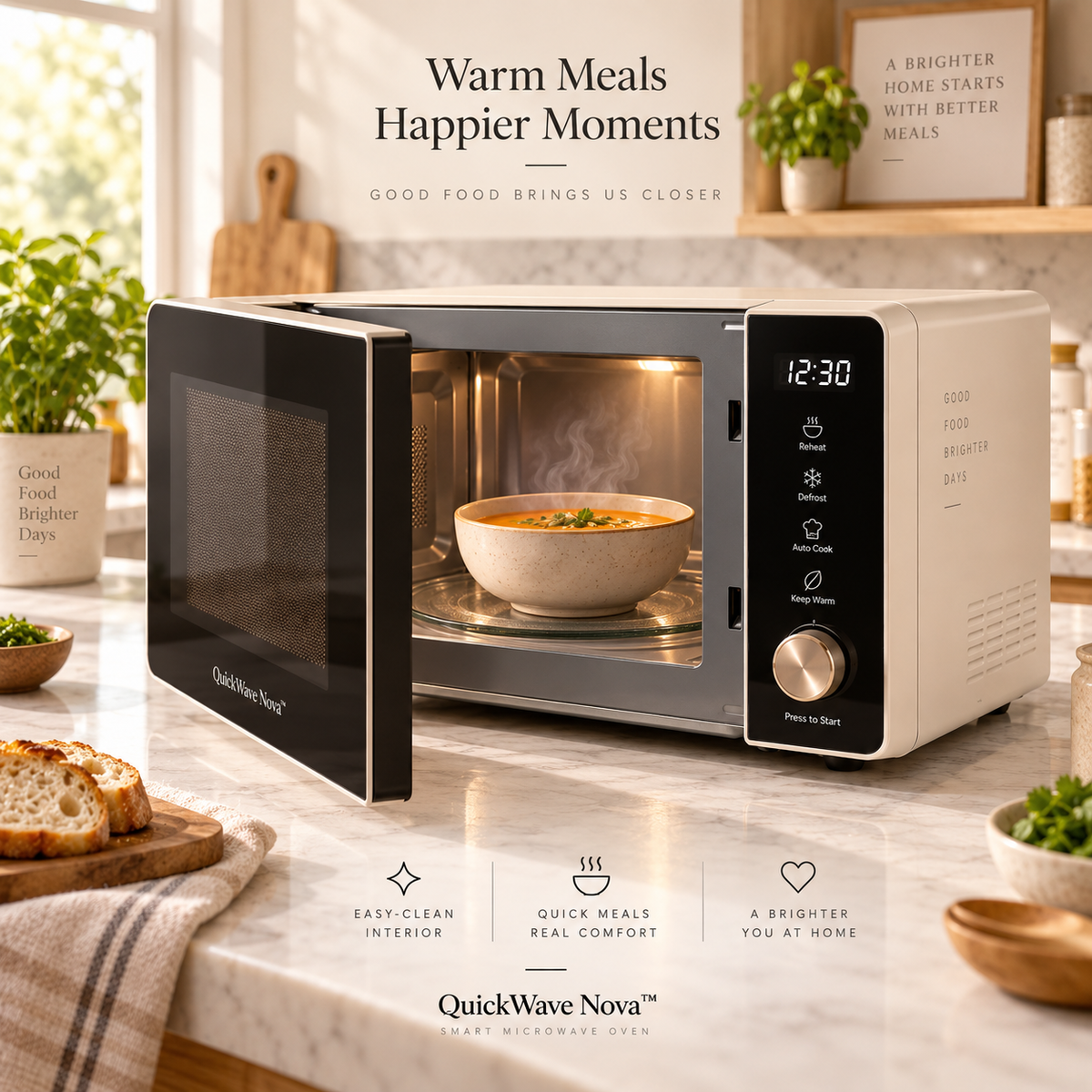 QuickWave Nova™ Smart Microwave Oven – 360° Even Heating, Adjustable Power Levels, One-Touch Quick Start, Quiet Operation & Easy-Clean Interior for Reheating, Baby Food & Everyday Meals 🥘