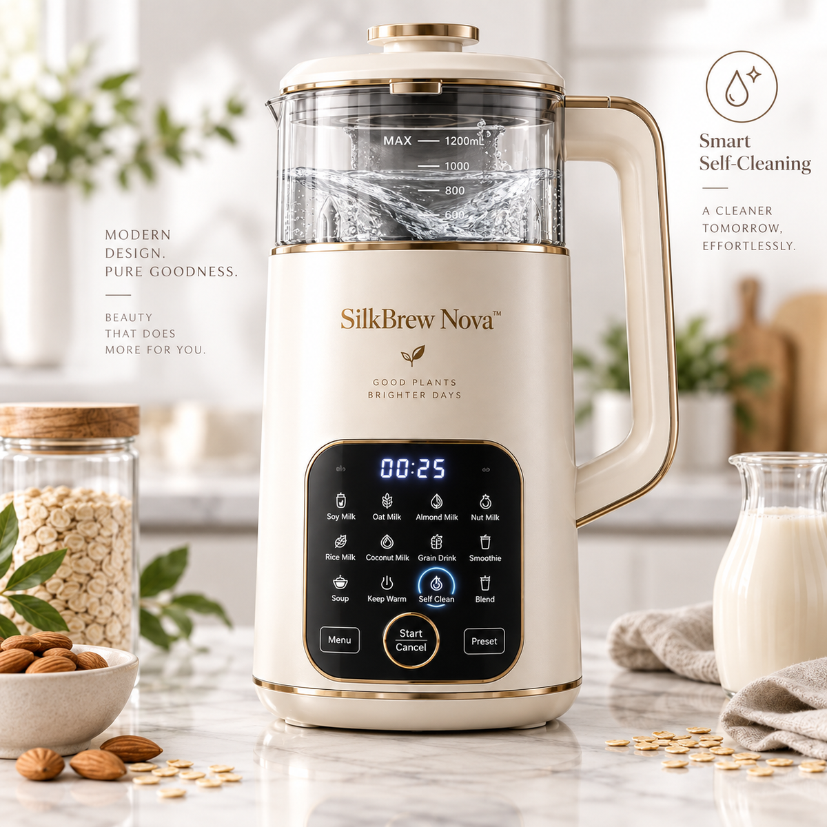 SilkBrew Nova™ 12-in-1 Smart Plant Milk Maker – Ultra-Quiet Blending, Auto Self-Cleaning, No-Soak Dry Bean Processing & Nutrient-Preserve Heating ✨