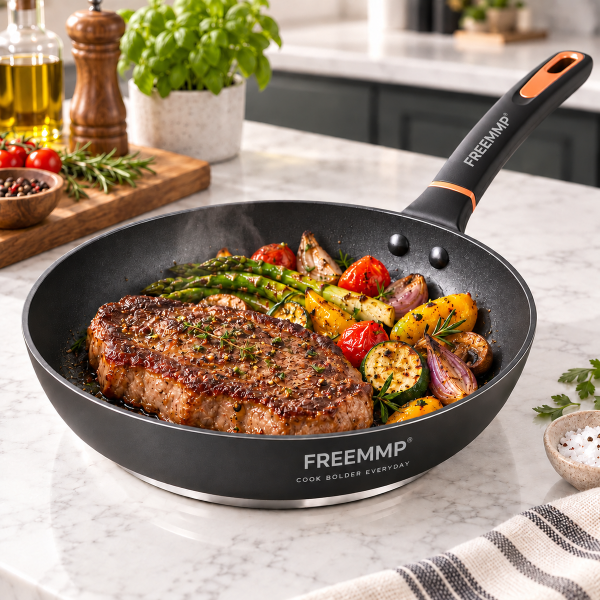 FREEMMP Everyday Precision Fry Pan – Rapid Even-Heat Base, Smooth Non-Stick Surface & Comfort-Grip Design for Eggs, Steaks, Veggies & Daily Cooking 🧡
