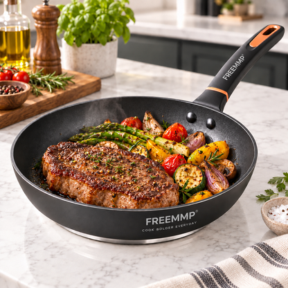 FREEMMP Everyday Precision Fry Pan – Rapid Even-Heat Base, Smooth Non-Stick Surface & Comfort-Grip Design for Eggs, Steaks, Veggies & Daily Cooking 🧡
