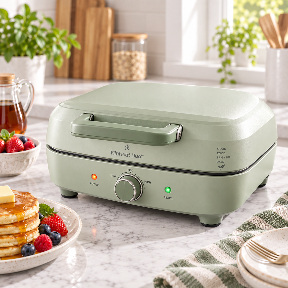 FlipHeat Duo™ Smart Double-Sided Pancake Cooker – Rapid Heat Control, Even Non-Stick Cooking & Space-Saving Breakfast Maker 🌿